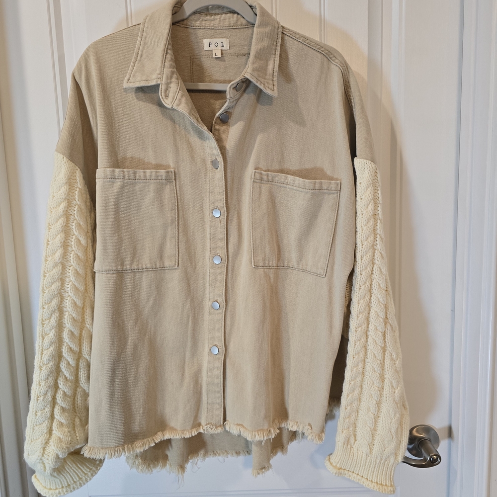 POL Beige and Cream Button-Up Jacket with Sweater Sleeves